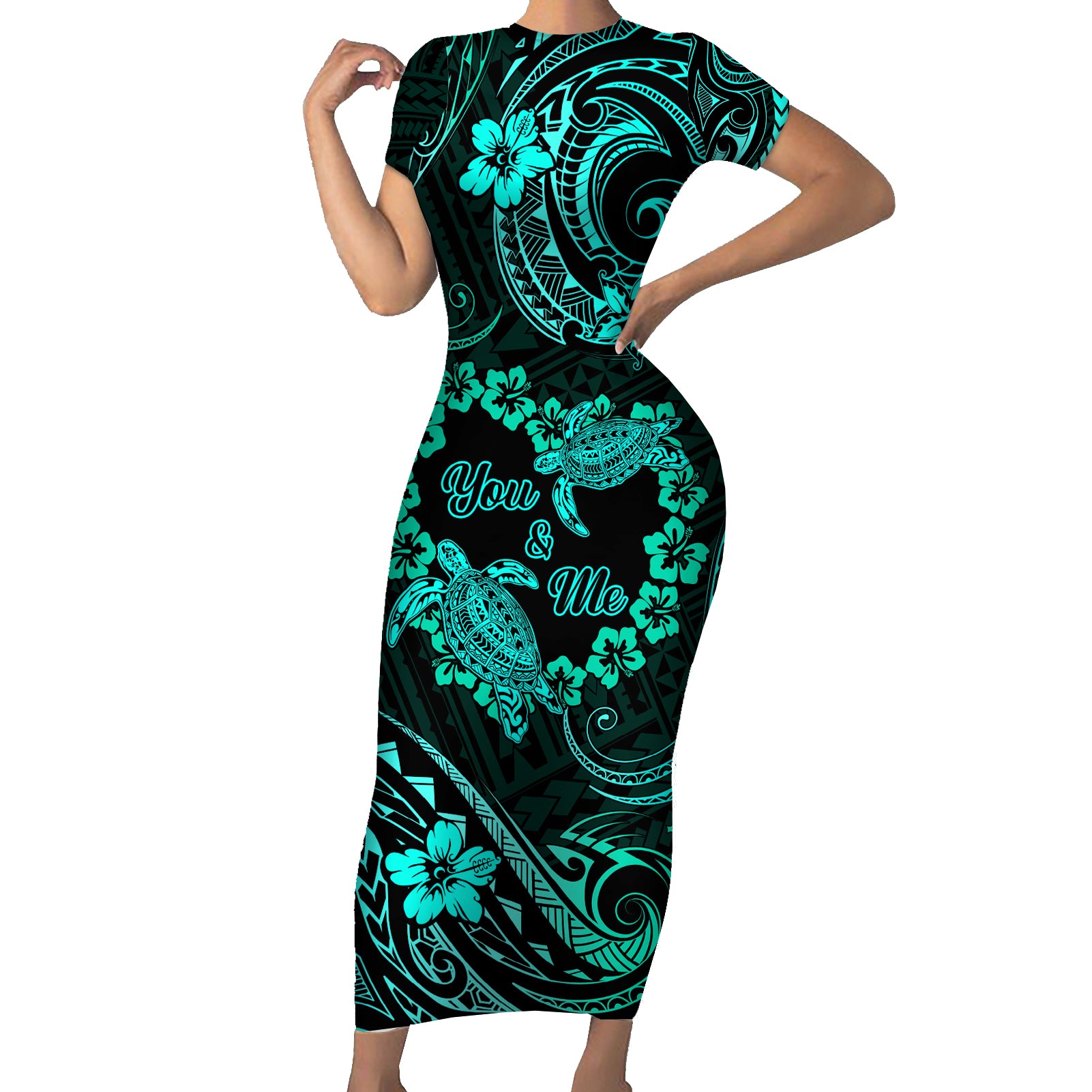 Polynesian Turtle Valentine Short Sleeve Bodycon Dress You And Me Turquoise Hibiscus Heart LT01 Long Dress Turquoise - Polynesian Pride