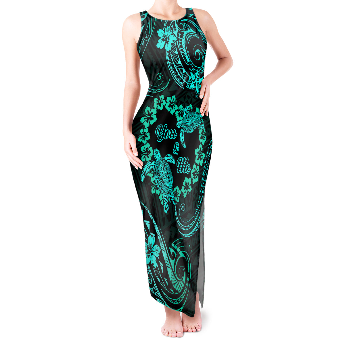 Polynesian Turtle Valentine Tank Maxi Dress You And Me Turquoise Hibiscus Heart LT01 Women Turquoise - Polynesian Pride