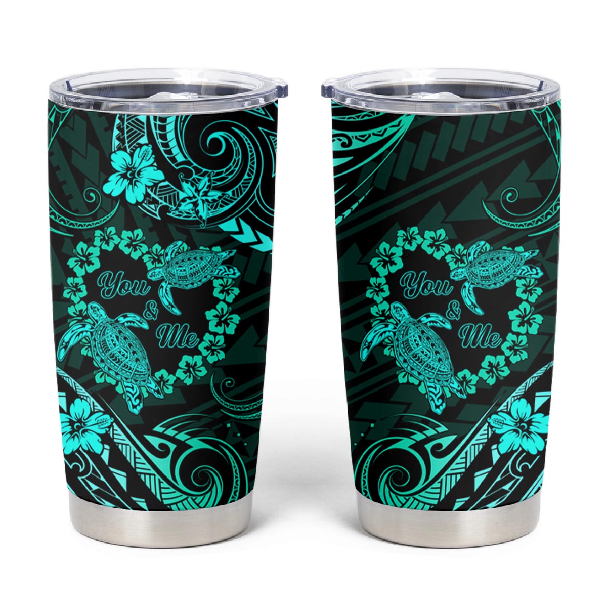 Polynesian Turtle Valentine Tumbler Cup You And Me Turquoise Hibiscus Heart LT01 Turquoise - Polynesian Pride