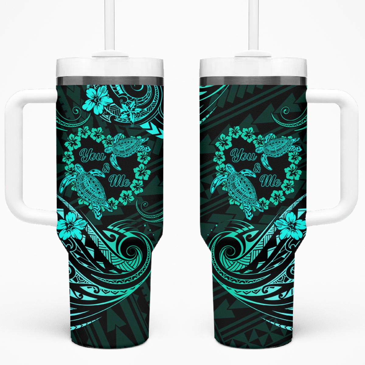 Polynesian Turtle Valentine Tumbler With Handle You And Me Turquoise Hibiscus Heart