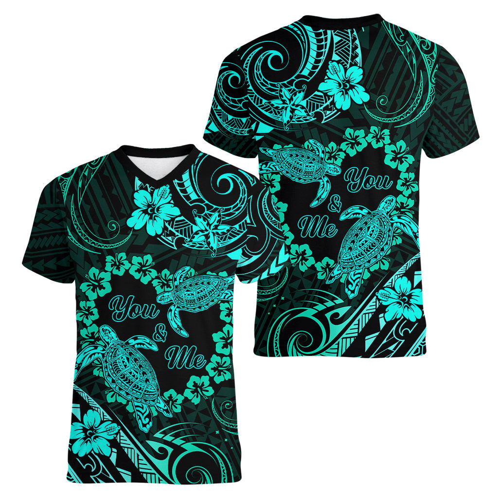 Polynesian Turtle Valentine Women V Neck T Shirt You And Me Turquoise Hibiscus Heart LT01 - Polynesian Pride