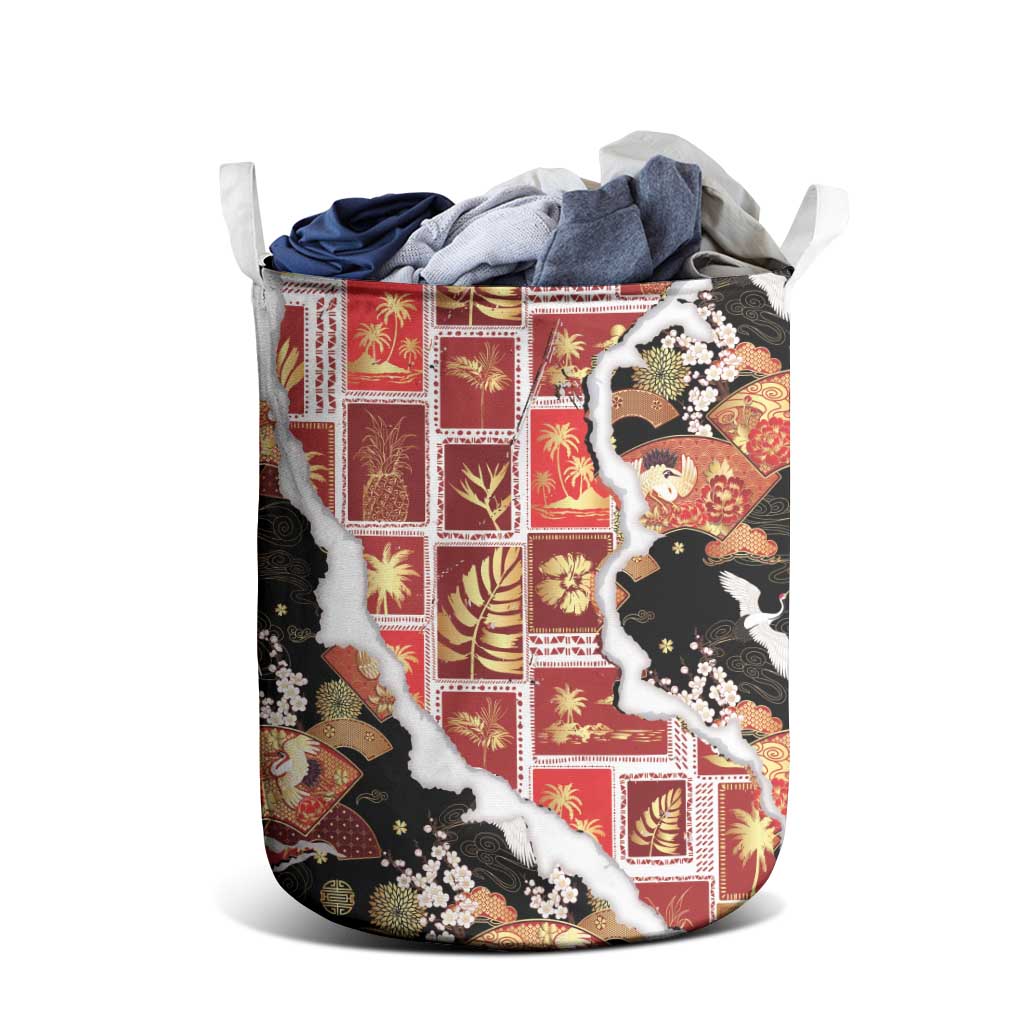 Hawaii Japanese Culture Black Laundry Basket Spring Cranes Aloha Pattern LT01 - Polynesian Pride