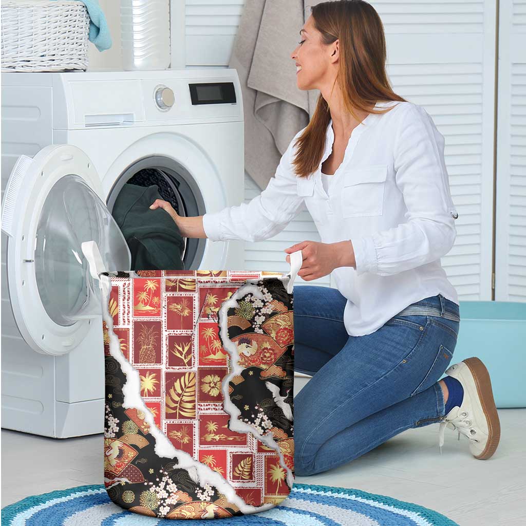 Hawaii Japanese Culture Black Laundry Basket Spring Cranes Aloha Pattern LT01 - Polynesian Pride