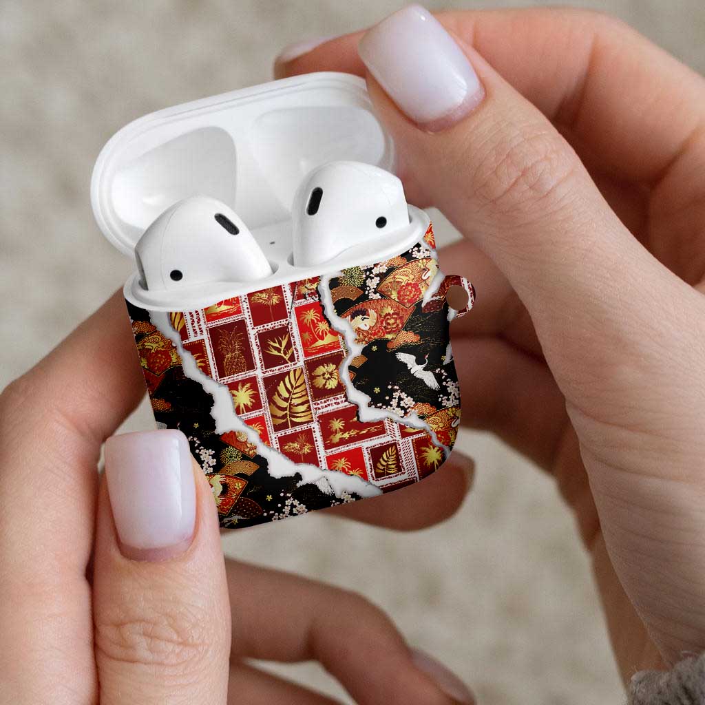 Hawaii Japanese Culture Black AirPods Case Spring Cranes Aloha Pattern LT01 - Polynesian Pride