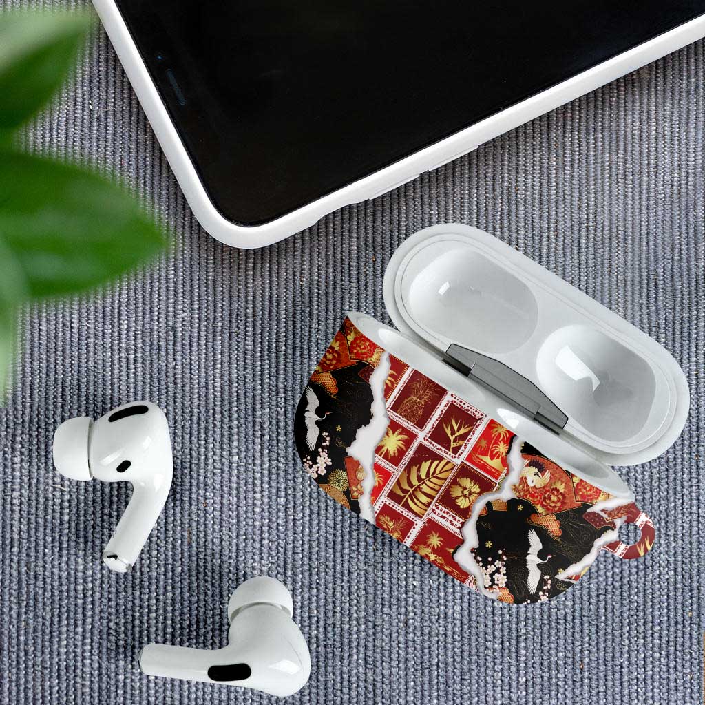 Hawaii Japanese Culture Black AirPods Case Spring Cranes Aloha Pattern LT01 - Polynesian Pride