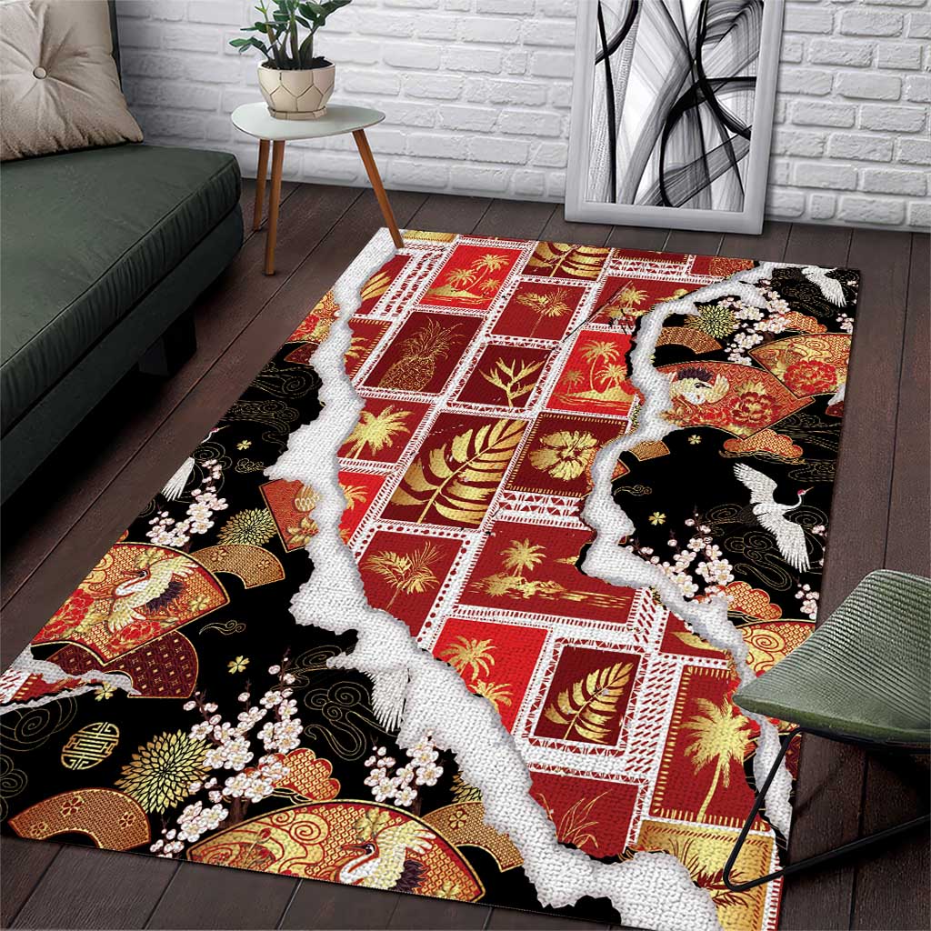 Hawaii Japanese Culture Black Area Rug Spring Cranes Aloha Pattern