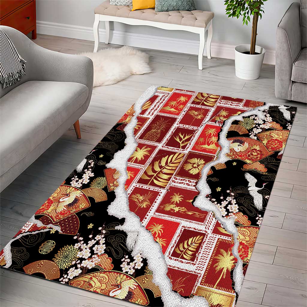 Hawaii Japanese Culture Black Area Rug Spring Cranes Aloha Pattern