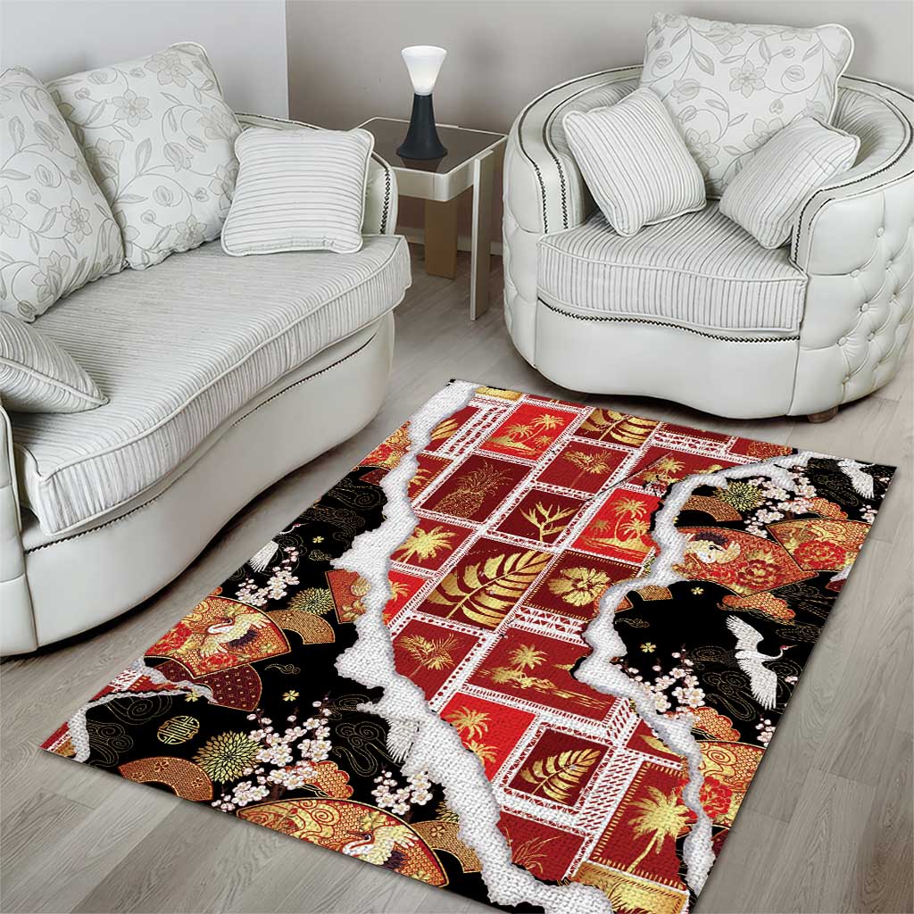 Hawaii Japanese Culture Black Area Rug Spring Cranes Aloha Pattern