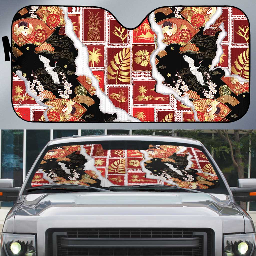 Hawaii Japanese Culture Black Auto Sun Shade Spring Cranes Aloha Pattern LT01 Black - Polynesian Pride