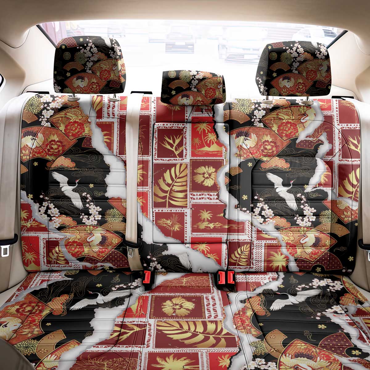 Hawaii Japanese Culture Black Back Car Seat Cover Spring Cranes Aloha Pattern