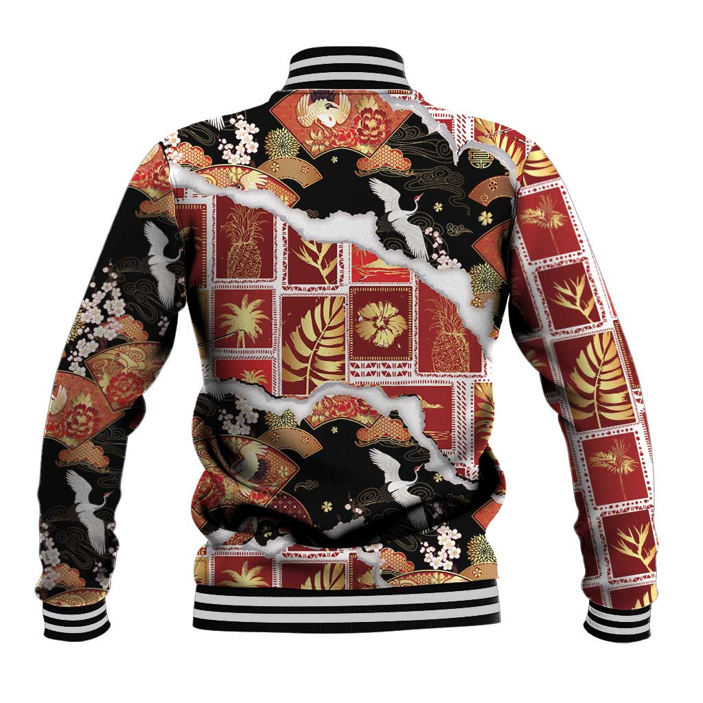 Hawaii Japanese Culture Black Baseball Jacket Spring Cranes Aloha Pattern LT01 - Polynesian Pride