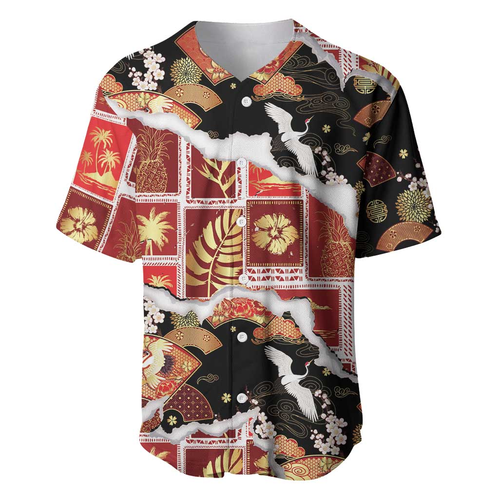 Hawaii Japanese Culture Black Baseball Jersey Spring Cranes Aloha Pattern LT01 Black - Polynesian Pride