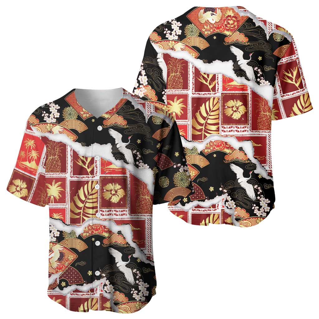 Hawaii Japanese Culture Black Baseball Jersey Spring Cranes Aloha Pattern LT01 - Polynesian Pride