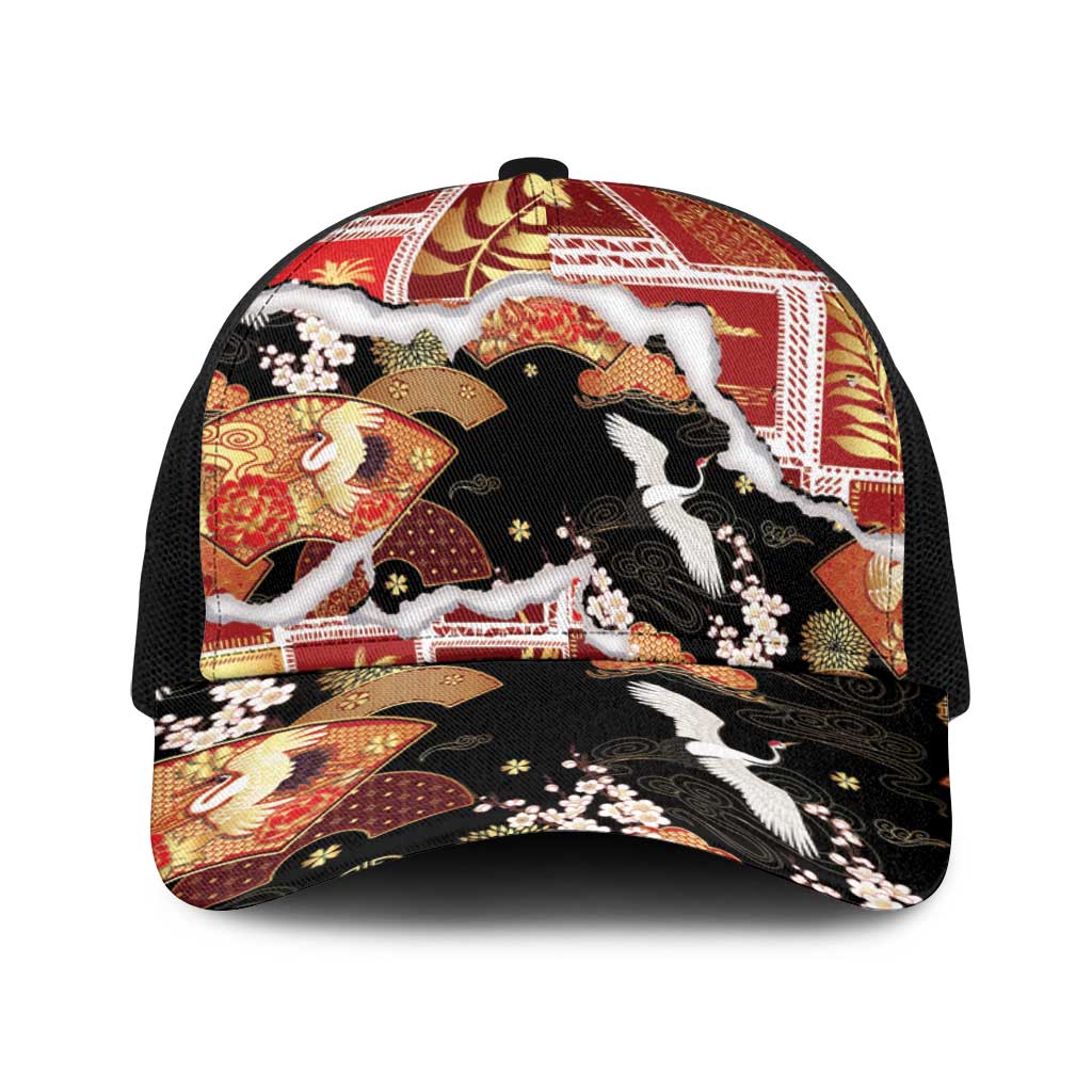 Hawaii Japanese Culture Black Baseball Net Cap Spring Cranes Aloha Pattern LT01 One Size Black Black - Polynesian Pride