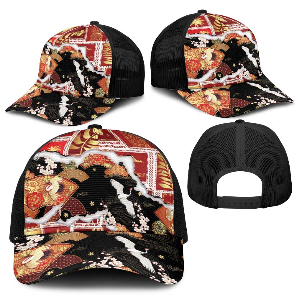 Hawaii Japanese Culture Black Baseball Net Cap Spring Cranes Aloha Pattern LT01 - Polynesian Pride