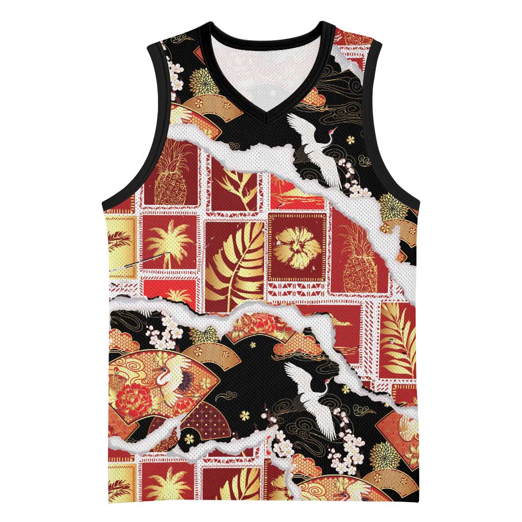 Hawaii Japanese Culture Black Basketball Jersey Spring Cranes Aloha Pattern LT01 Unisex Black - Polynesian Pride