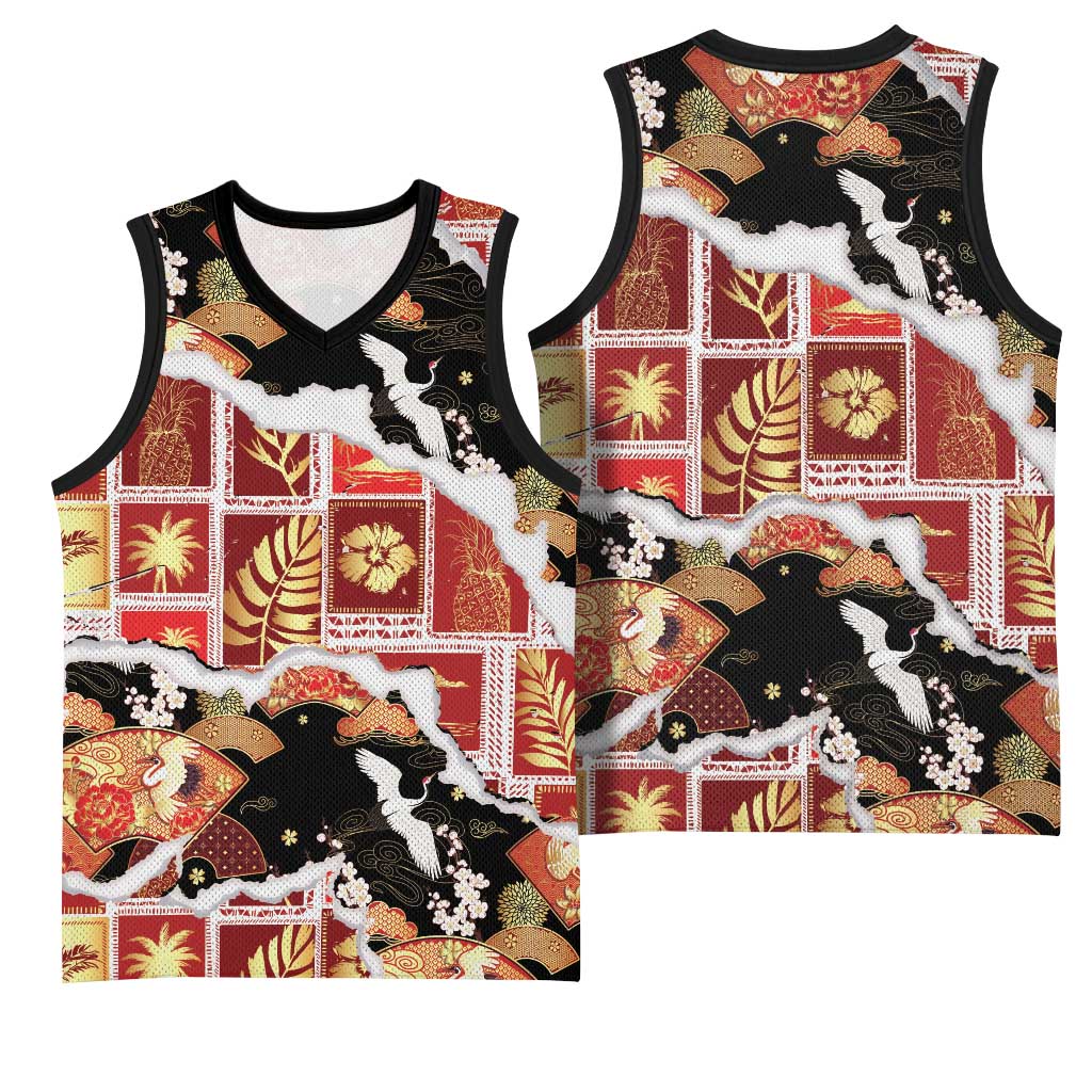 Hawaii Japanese Culture Black Basketball Jersey Spring Cranes Aloha Pattern LT01 - Polynesian Pride