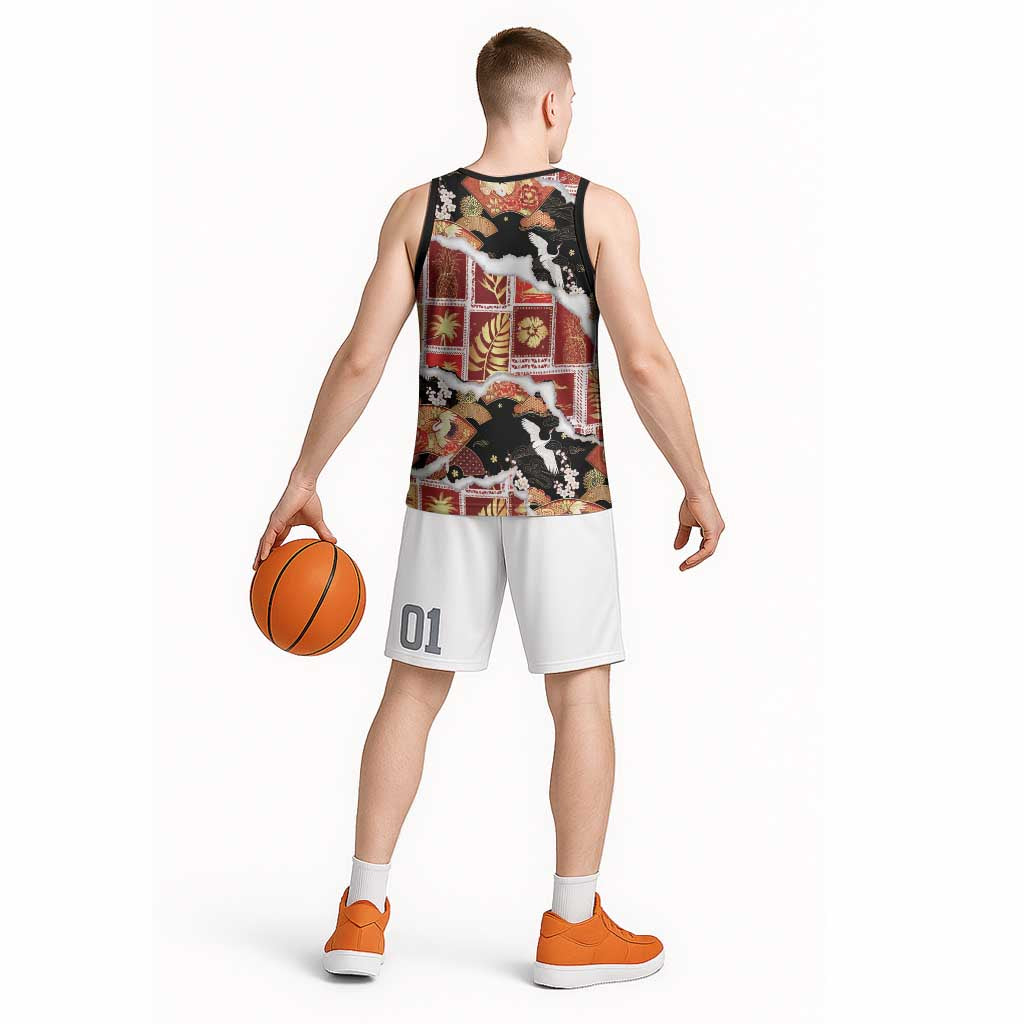 Hawaii Japanese Culture Black Basketball Jersey Spring Cranes Aloha Pattern LT01 - Polynesian Pride