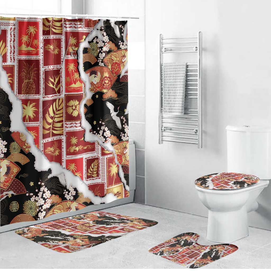 Hawaii Japanese Culture Black Bathroom Set Spring Cranes Aloha Pattern LT01 Bathroom Set (4 pcs) Black - Polynesian Pride
