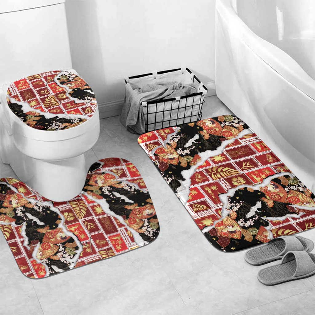 Hawaii Japanese Culture Black Bathroom Set Spring Cranes Aloha Pattern LT01 Mat Set Only (3 pcs) One Size Black - Polynesian Pride