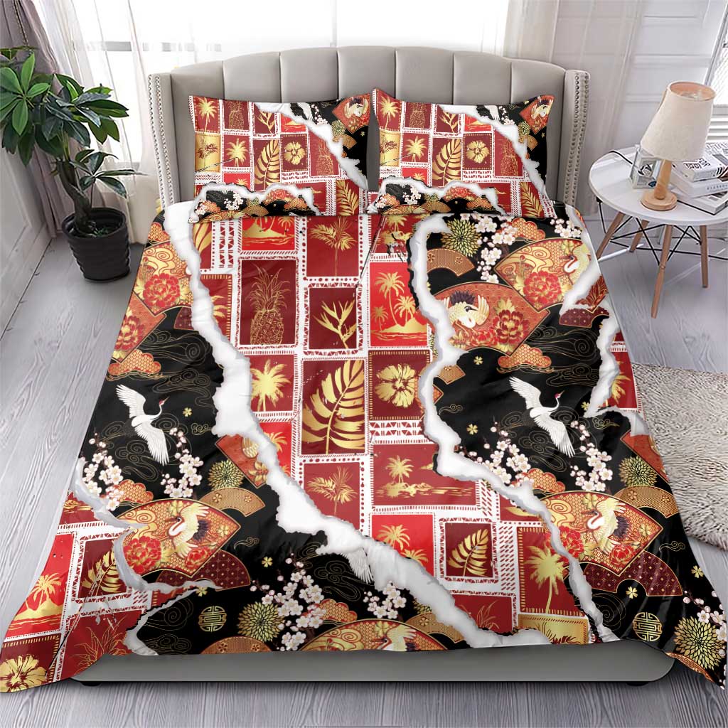 Hawaii Japanese Culture Black Bedding Set Spring Cranes Aloha Pattern LT01 - Polynesian Pride
