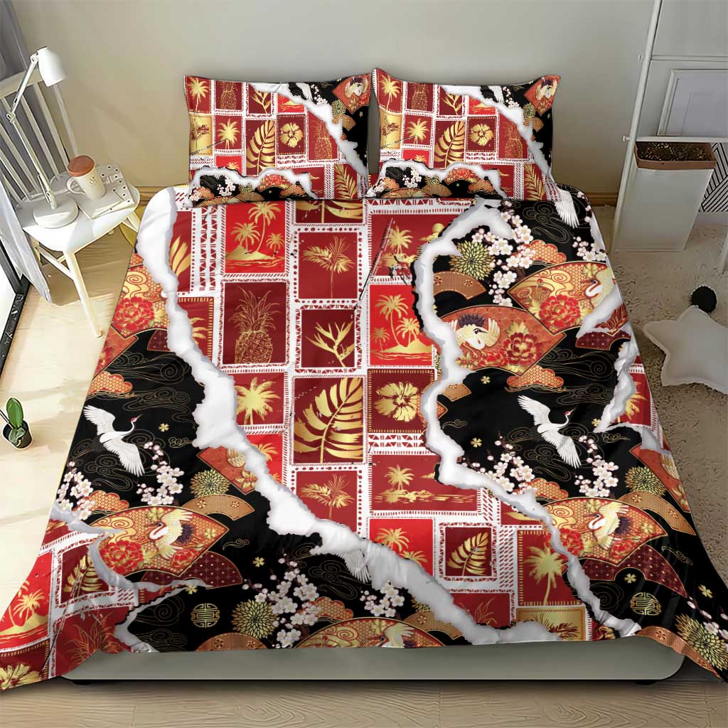 Hawaii Japanese Culture Black Bedding Set Spring Cranes Aloha Pattern LT01 - Polynesian Pride