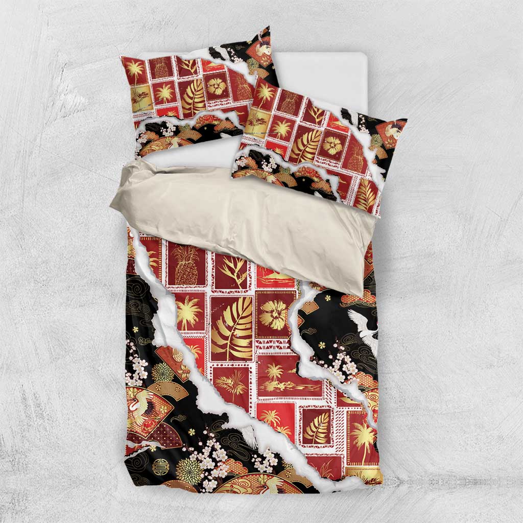 Hawaii Japanese Culture Black Bedding Set Spring Cranes Aloha Pattern LT01 US Twin 172cm x 218cm Black - Polynesian Pride