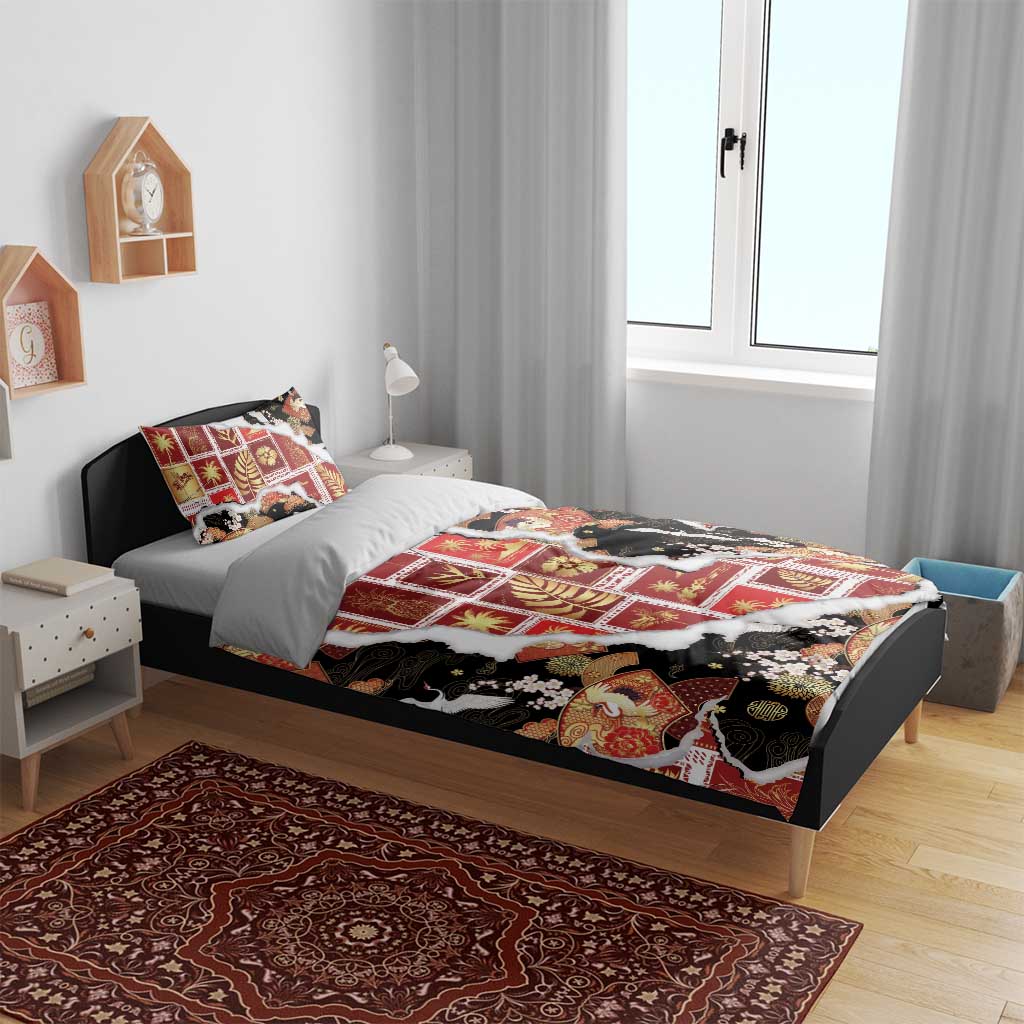 Hawaii Japanese Culture Black Bedding Set Spring Cranes Aloha Pattern LT01 - Polynesian Pride