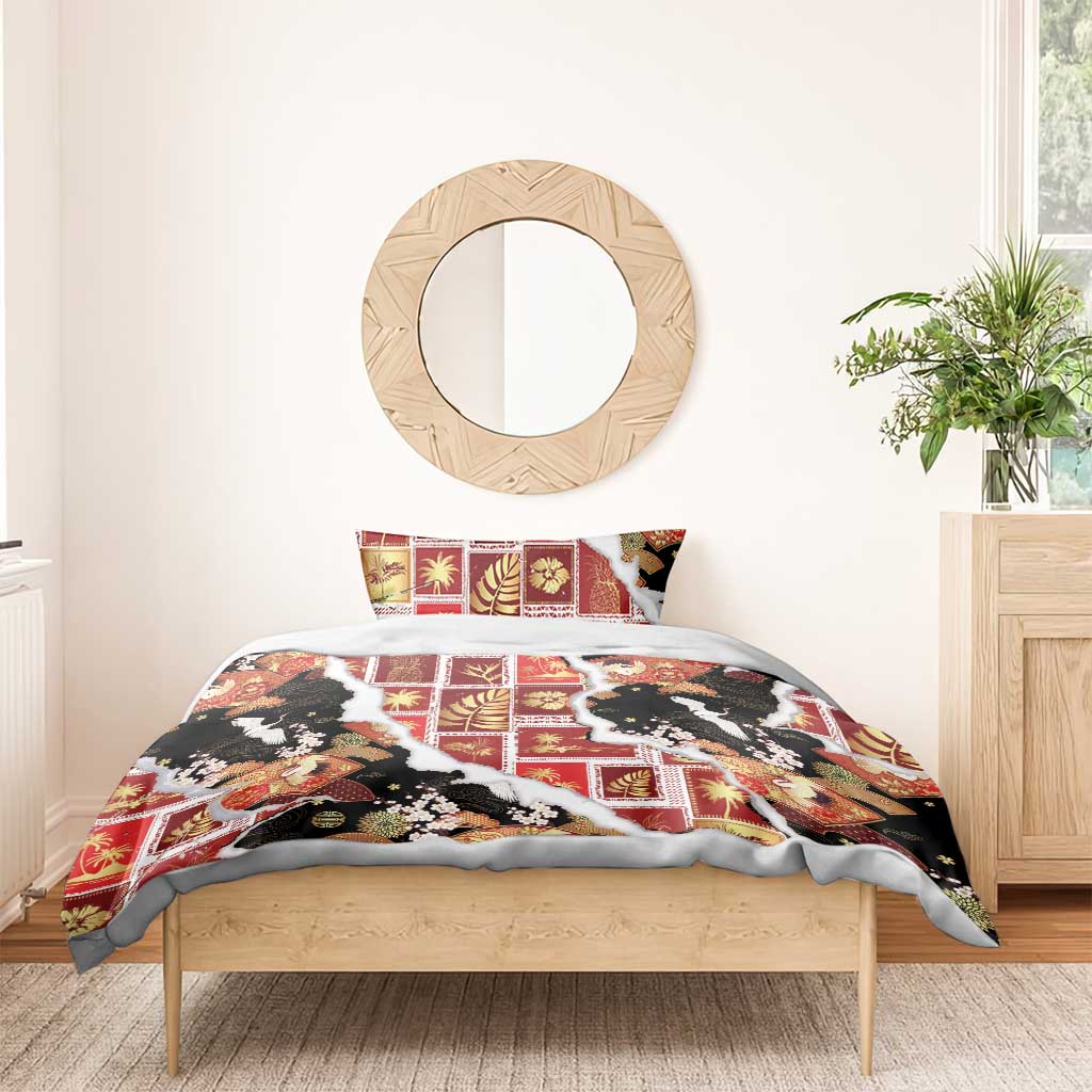 Hawaii Japanese Culture Black Bedding Set Spring Cranes Aloha Pattern LT01 - Polynesian Pride