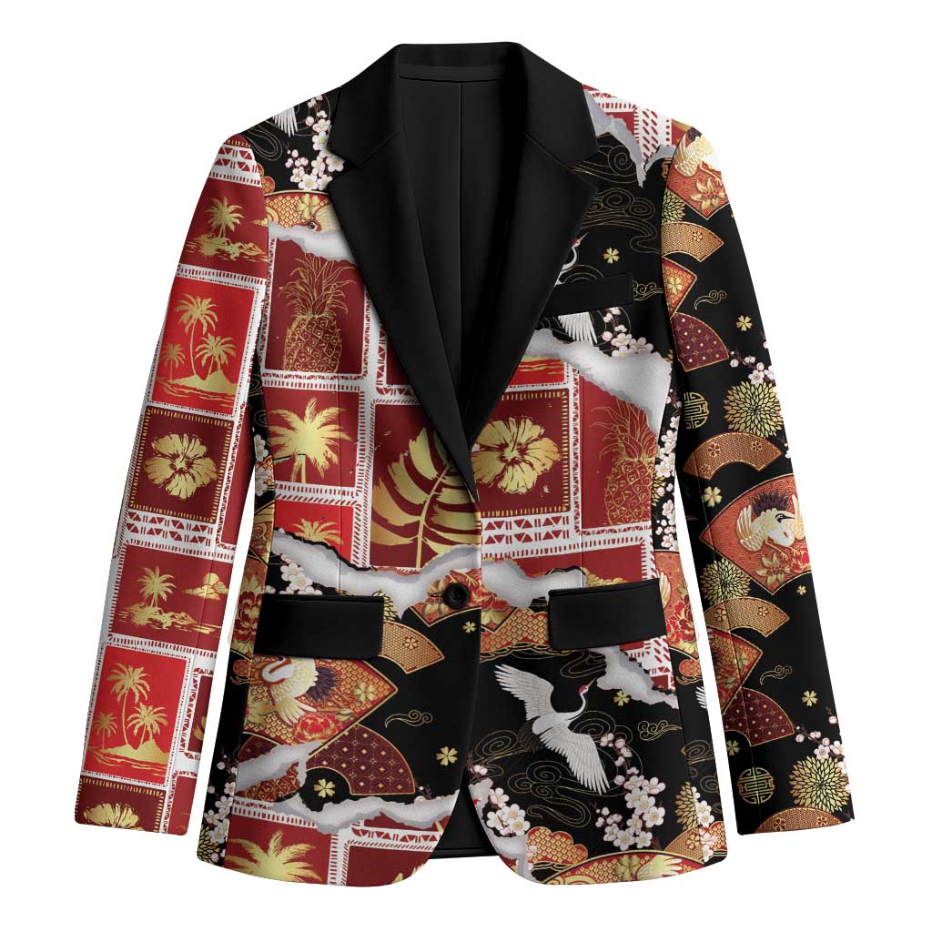 Hawaii Japanese Culture Black Blazer Spring Cranes Aloha Pattern LT01 Unisex Black - Polynesian Pride
