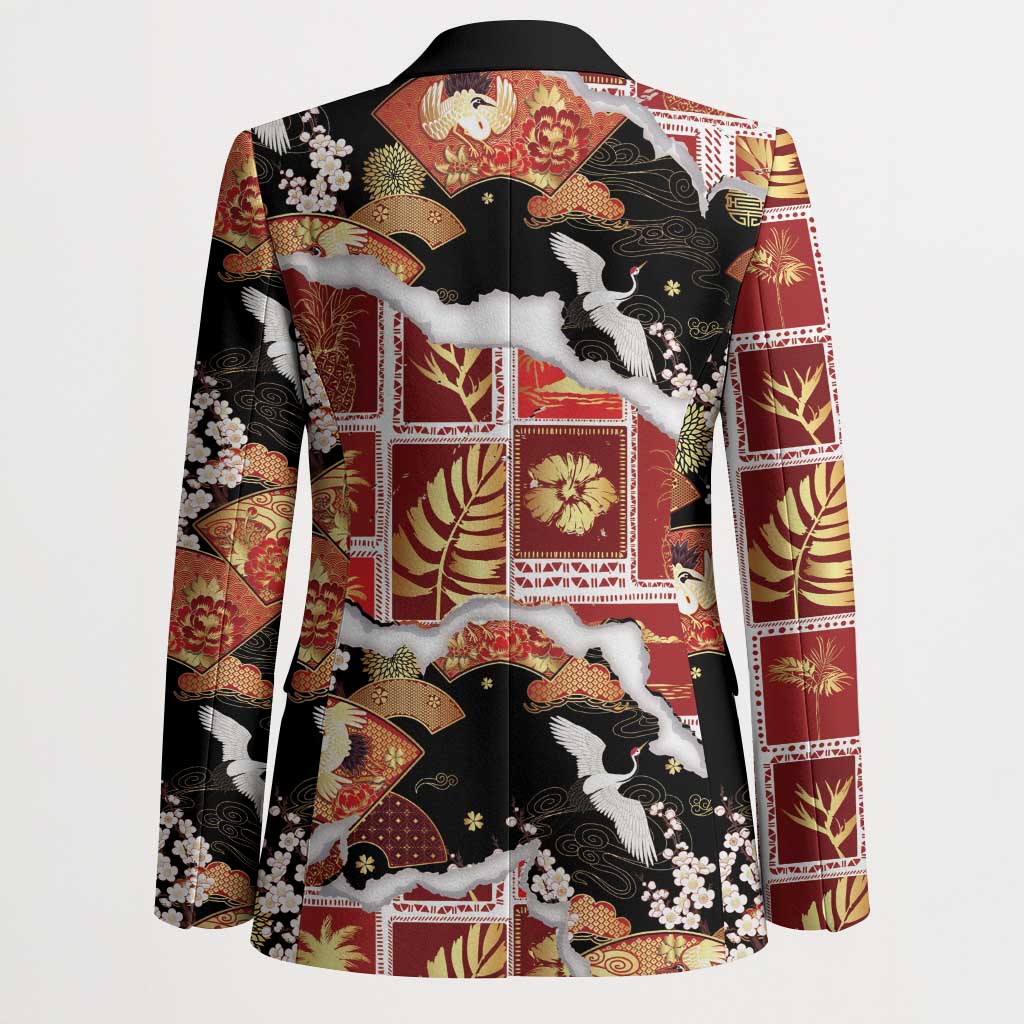 Hawaii Japanese Culture Black Blazer Spring Cranes Aloha Pattern LT01 - Polynesian Pride