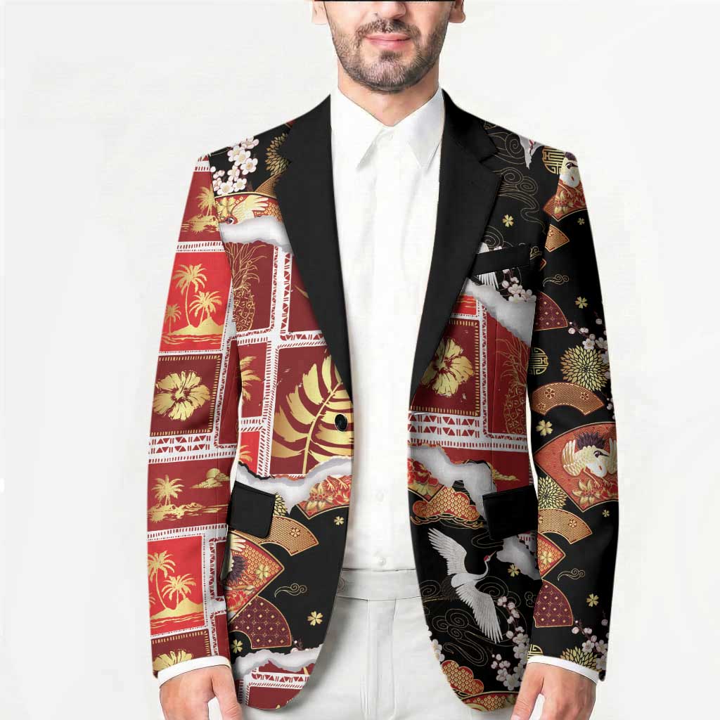 Hawaii Japanese Culture Black Blazer Spring Cranes Aloha Pattern LT01 - Polynesian Pride