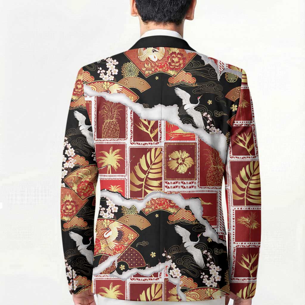Hawaii Japanese Culture Black Blazer Spring Cranes Aloha Pattern LT01 - Polynesian Pride
