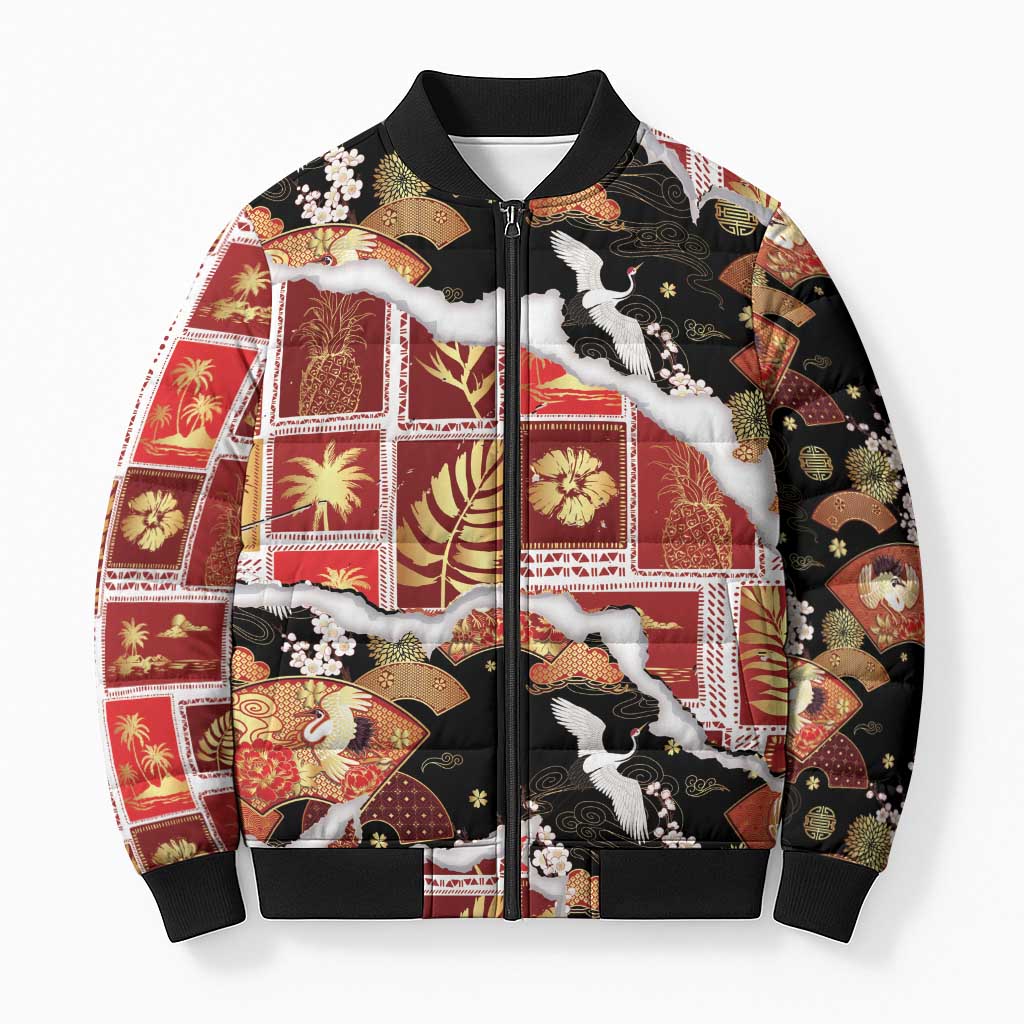 Hawaii Japanese Culture Black Bomber Puffer Jacket Spring Cranes Aloha Pattern LT01 Unisex Black - Polynesian Pride