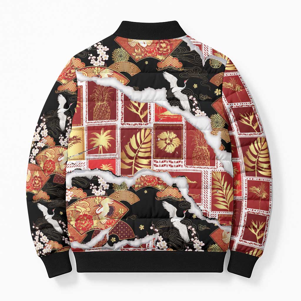 Hawaii Japanese Culture Black Bomber Puffer Jacket Spring Cranes Aloha Pattern LT01 - Polynesian Pride