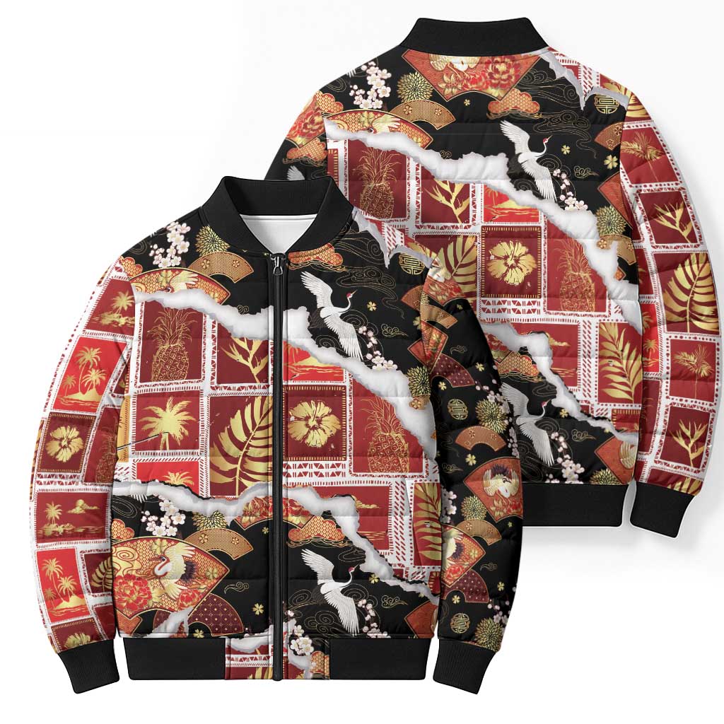 Hawaii Japanese Culture Black Bomber Puffer Jacket Spring Cranes Aloha Pattern LT01 - Polynesian Pride