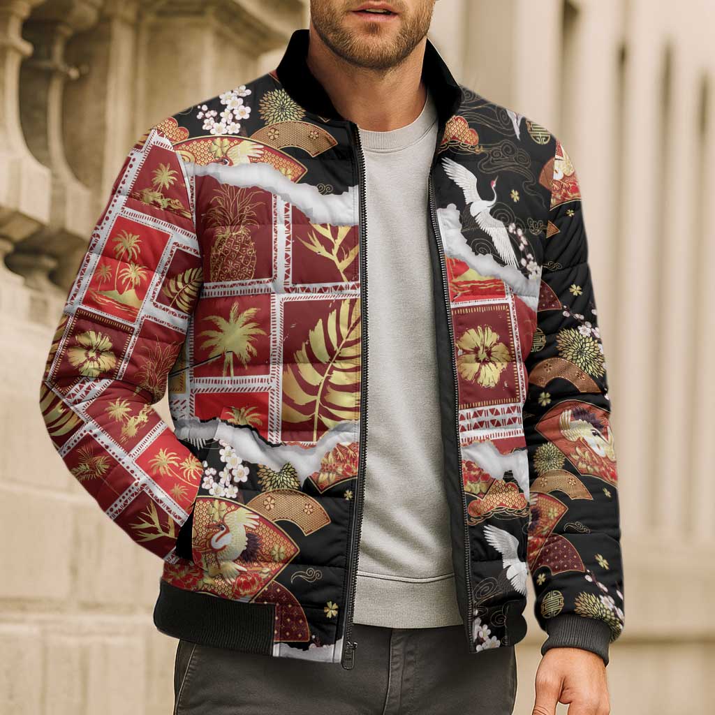Hawaii Japanese Culture Black Bomber Puffer Jacket Spring Cranes Aloha Pattern LT01 - Polynesian Pride