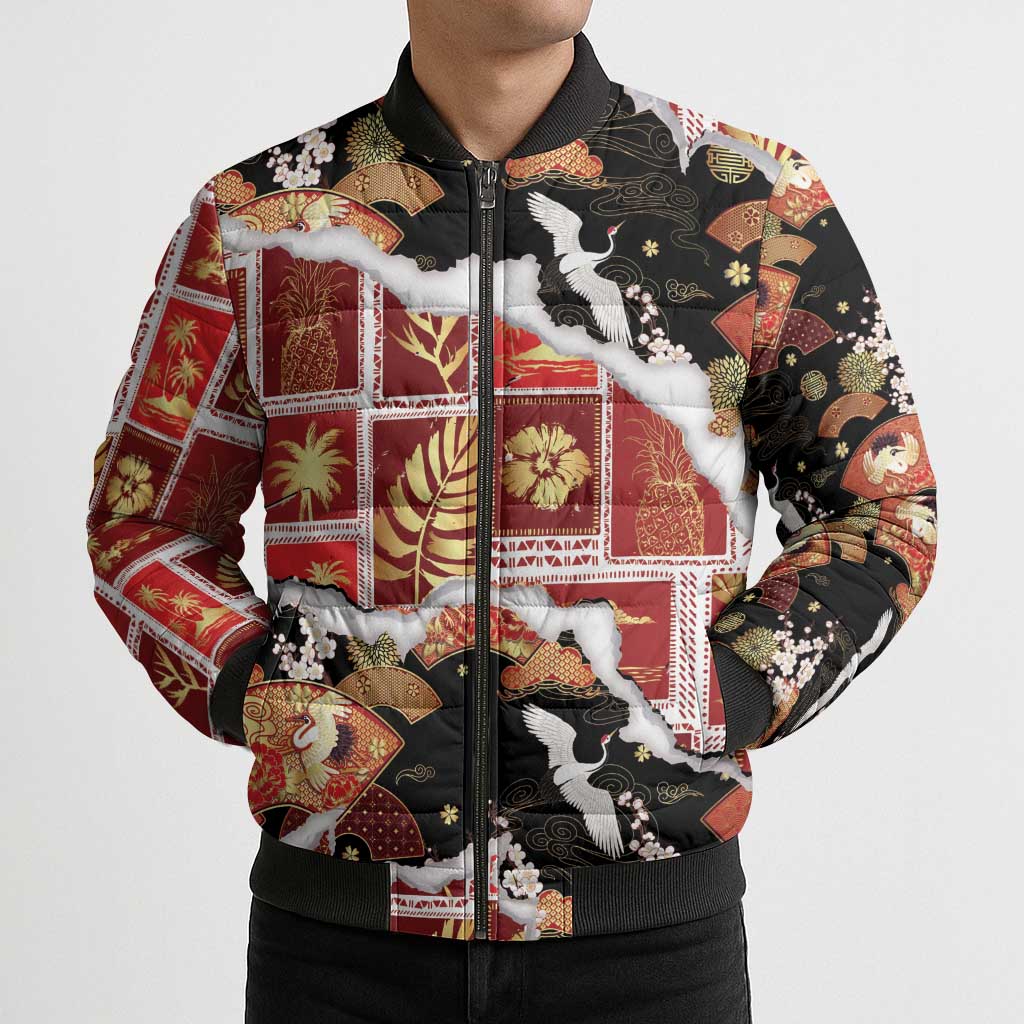 Hawaii Japanese Culture Black Bomber Puffer Jacket Spring Cranes Aloha Pattern LT01 - Polynesian Pride