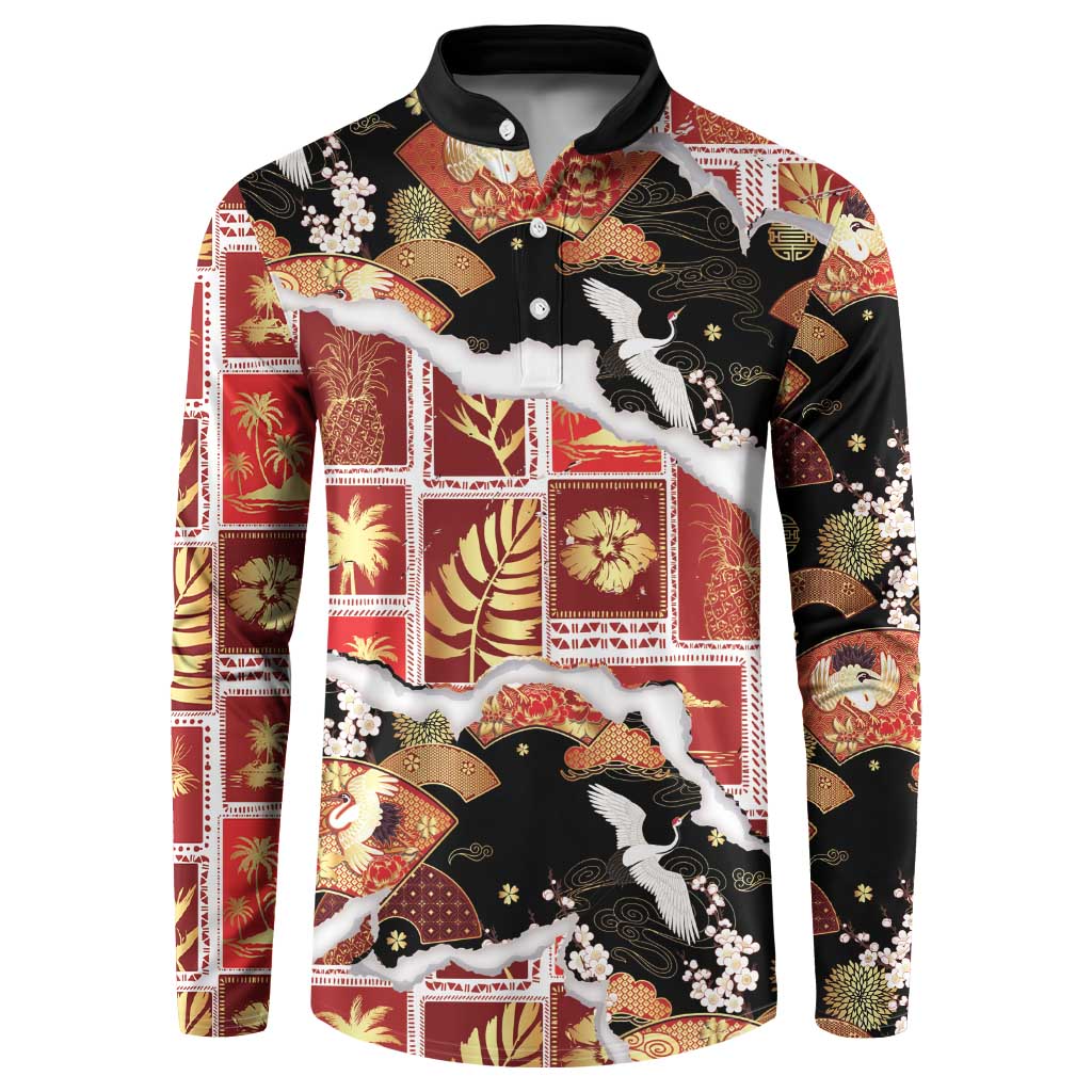 Hawaii Japanese Culture Black Button Sweatshirt Spring Cranes Aloha Pattern LT01 Black - Polynesian Pride