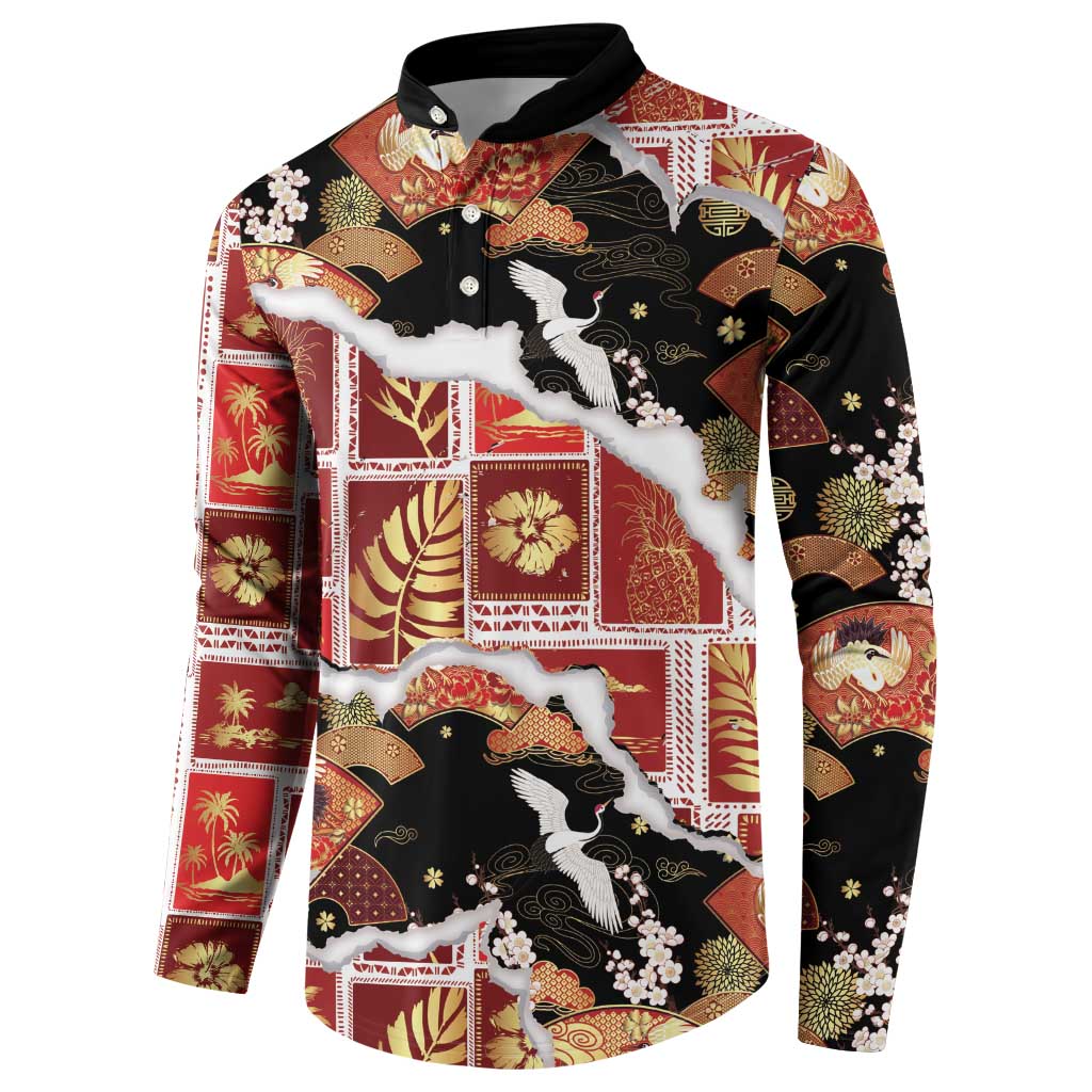 Hawaii Japanese Culture Black Button Sweatshirt Spring Cranes Aloha Pattern LT01 - Polynesian Pride