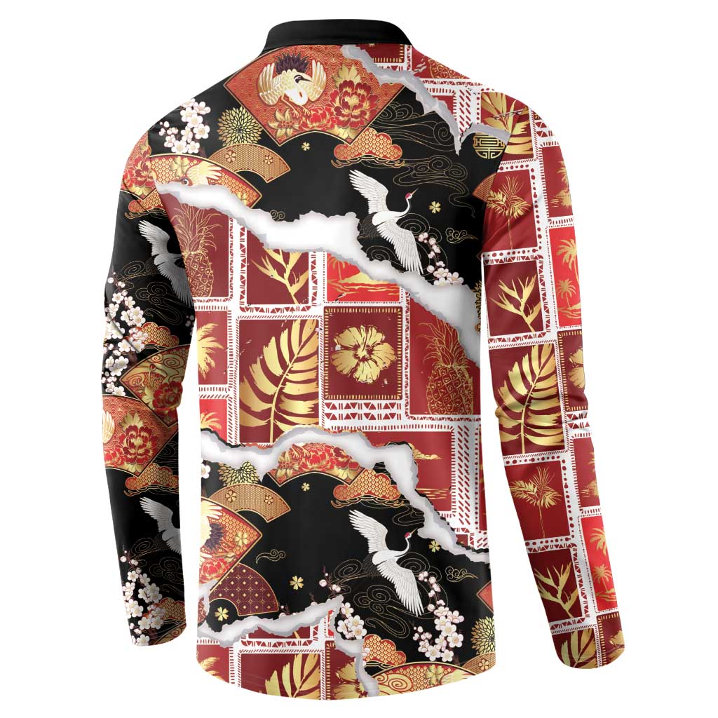 Hawaii Japanese Culture Black Button Sweatshirt Spring Cranes Aloha Pattern LT01 - Polynesian Pride