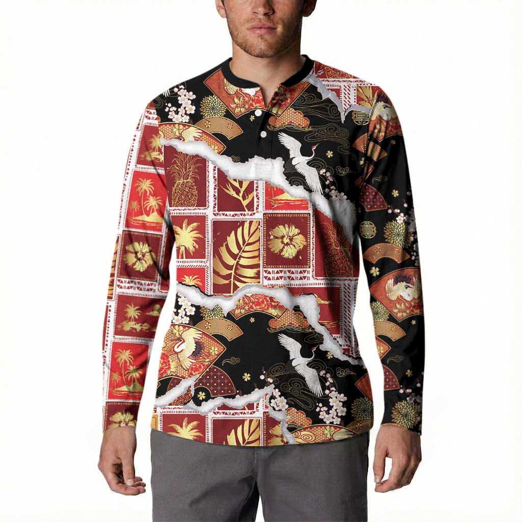 Hawaii Japanese Culture Black Button Sweatshirt Spring Cranes Aloha Pattern LT01 - Polynesian Pride