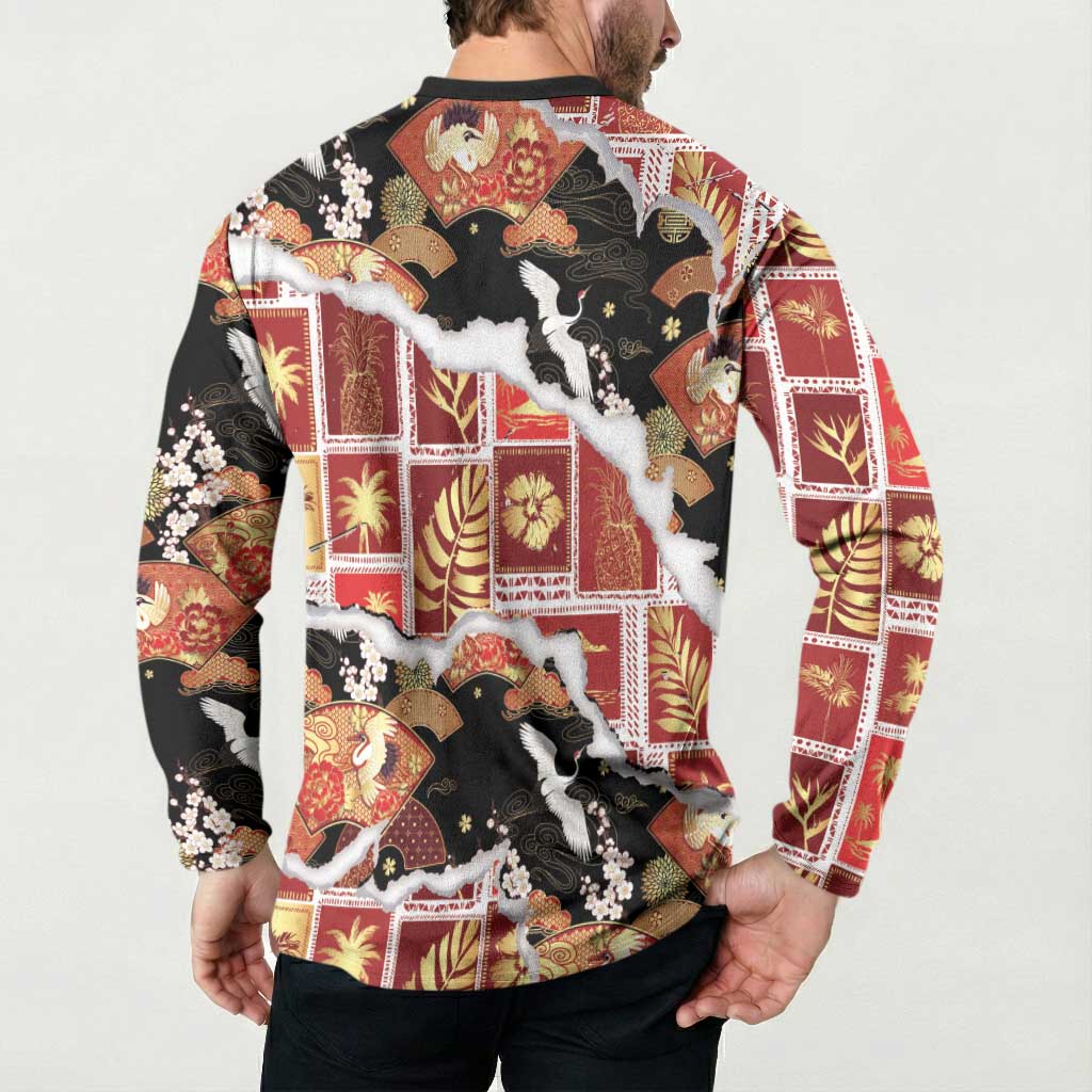 Hawaii Japanese Culture Black Button Sweatshirt Spring Cranes Aloha Pattern LT01 - Polynesian Pride