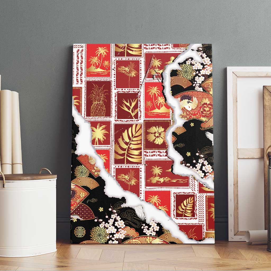 Hawaii Japanese Culture Black Canvas Wall Art Spring Cranes Aloha Pattern LT01 - Polynesian Pride