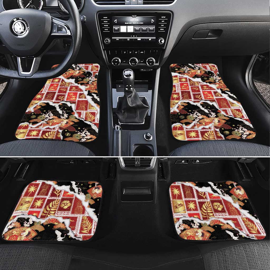 Hawaii Japanese Culture Black Car Mats Spring Cranes Aloha Pattern LT01 Set 4pcs Black - Polynesian Pride