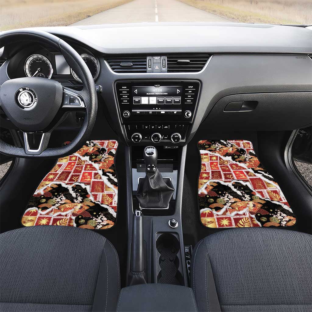 Hawaii Japanese Culture Black Car Mats Spring Cranes Aloha Pattern LT01 Set 2pcs - Front Black - Polynesian Pride