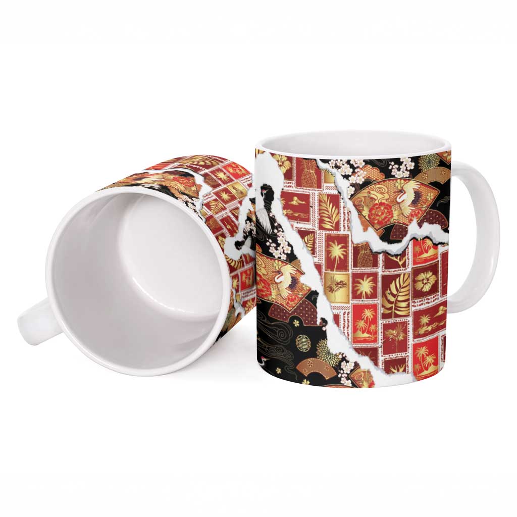 Hawaii Japanese Culture Black Ceramic Mug Spring Cranes Aloha Pattern LT01 - Polynesian Pride