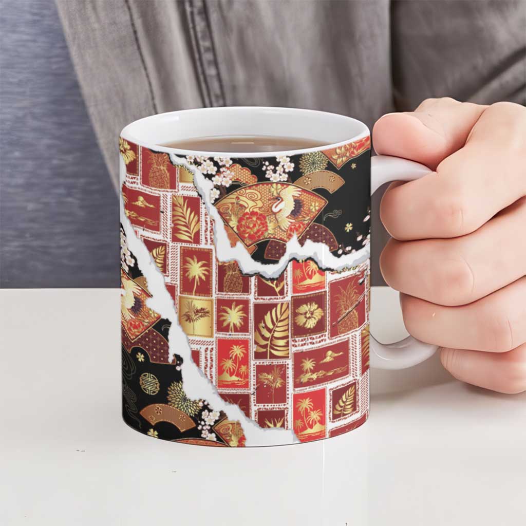 Hawaii Japanese Culture Black Ceramic Mug Spring Cranes Aloha Pattern LT01 - Polynesian Pride