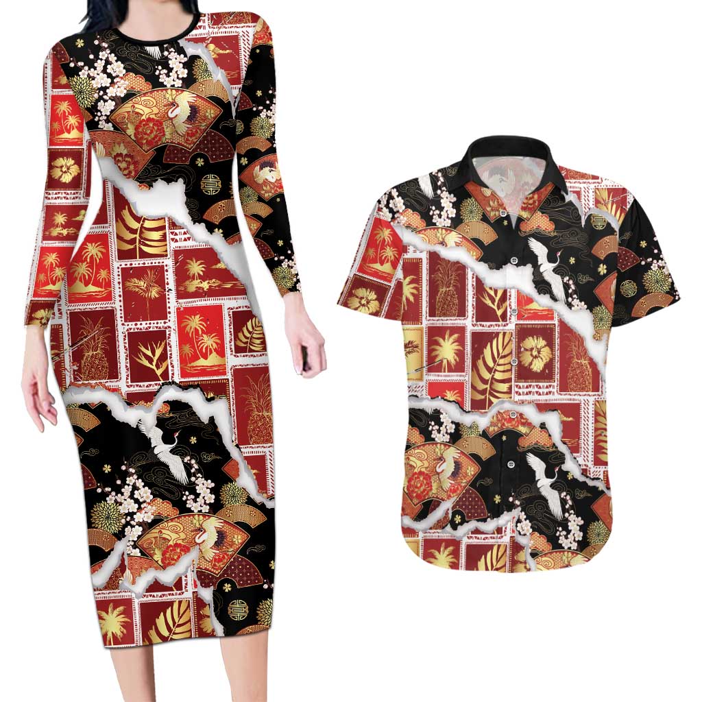 Hawaii Japanese Culture Black Couples Matching Long Sleeve Bodycon Dress and Hawaiian Shirt Spring Cranes Aloha Pattern