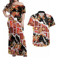 Hawaii Japanese Culture Black Couples Matching Off Shoulder Maxi Dress and Hawaiian Shirt Spring Cranes Aloha Pattern LT01 Black - Polynesian Pride